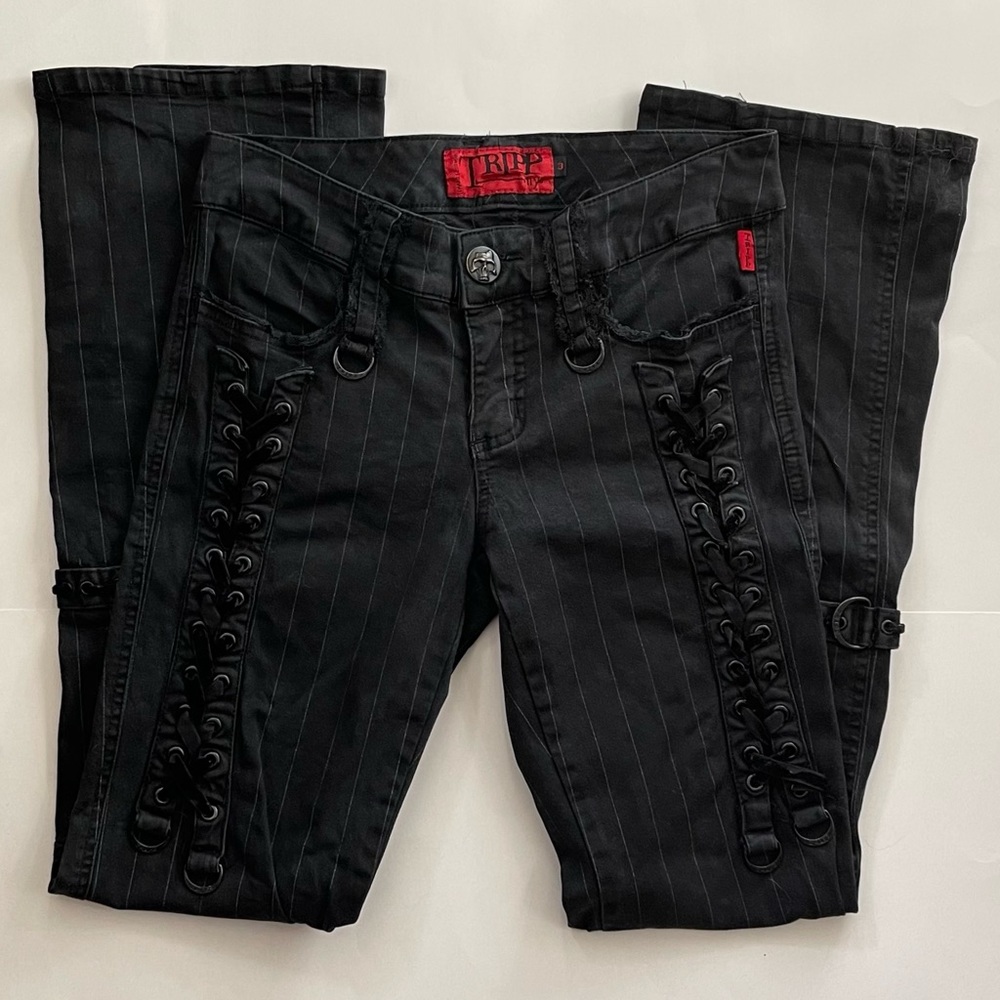 💀TRIPP💀 Black Pinstripe Pants w/ Lace, Velvet, Rhinestones, Corset Laces, Goth